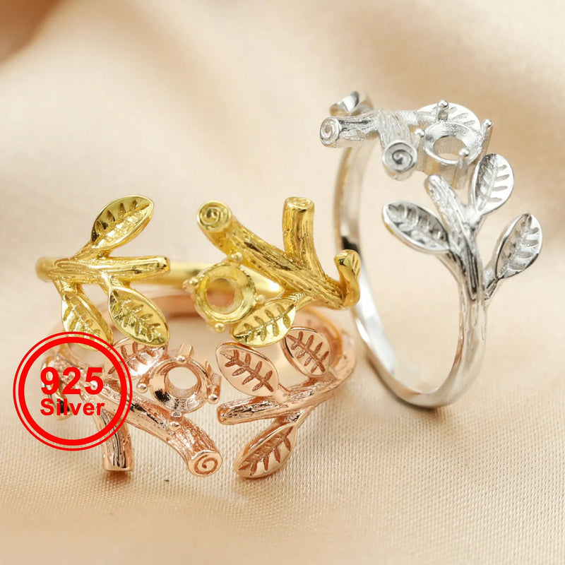 4mm Round CZ Stone Tree Branch Leaf 925 Silver Adjustable Ring Setting
