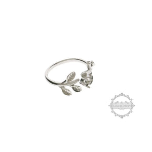 4mm Round CZ Stone Tree Branch Leaf 925 Silver Adjustable Ring Setting