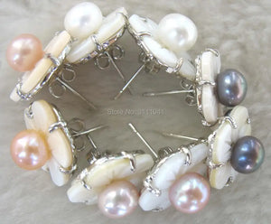Freshwater Pearl Flower Stud Earrings 7-9mm White/Pink/Purple