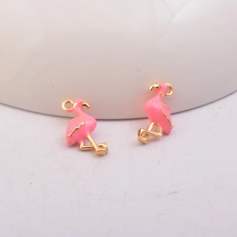4pcs Flamingo Charms Enamel Silver Plated Animal Copper Pendants