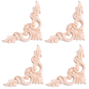 4pcs 8*8cm Wood Carved Onlay Furniture Home Decorations Unpainted Applique