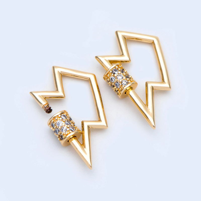 4pcs CZ Micro Pave Hook 28x17mm, 18K Plated Brass Lightning Shape Clasps