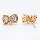 CZ Paved BowKnot Ear Posts, Plated Brass Stud Earrings