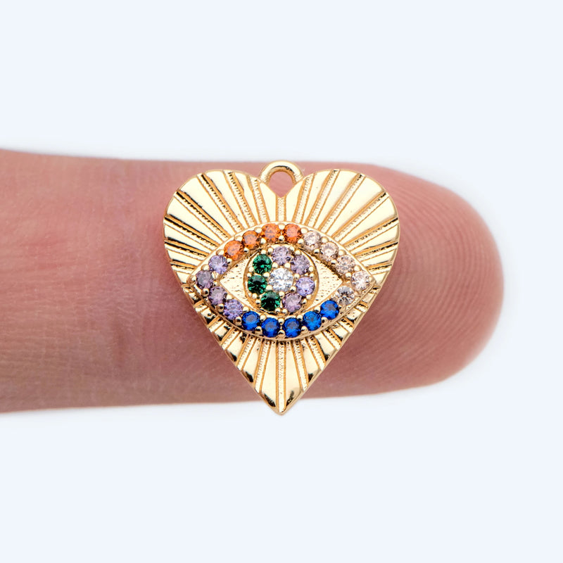 4pcs CZ Paved Colourful Heart Evil Eye Charm Pendant