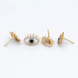 CZ Paved Evil Eye Earrings, Brass Plated, Cubic Zirconia Studs