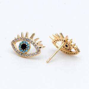 CZ Paved Evil Eye Earrings, Brass Plated, Cubic Zirconia Studs
