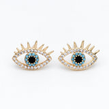 CZ Paved Evil Eye Earrings, Brass Plated, Cubic Zirconia Studs