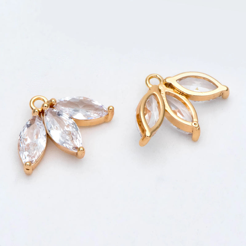 CZ Paved Flower Charm 16x12mm, Plated Brass Leaf Pendants