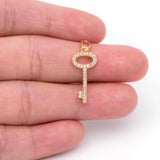 4pcs CZ Paved Key Charms 21x10mm, 18K Plated Brass Key Pendants