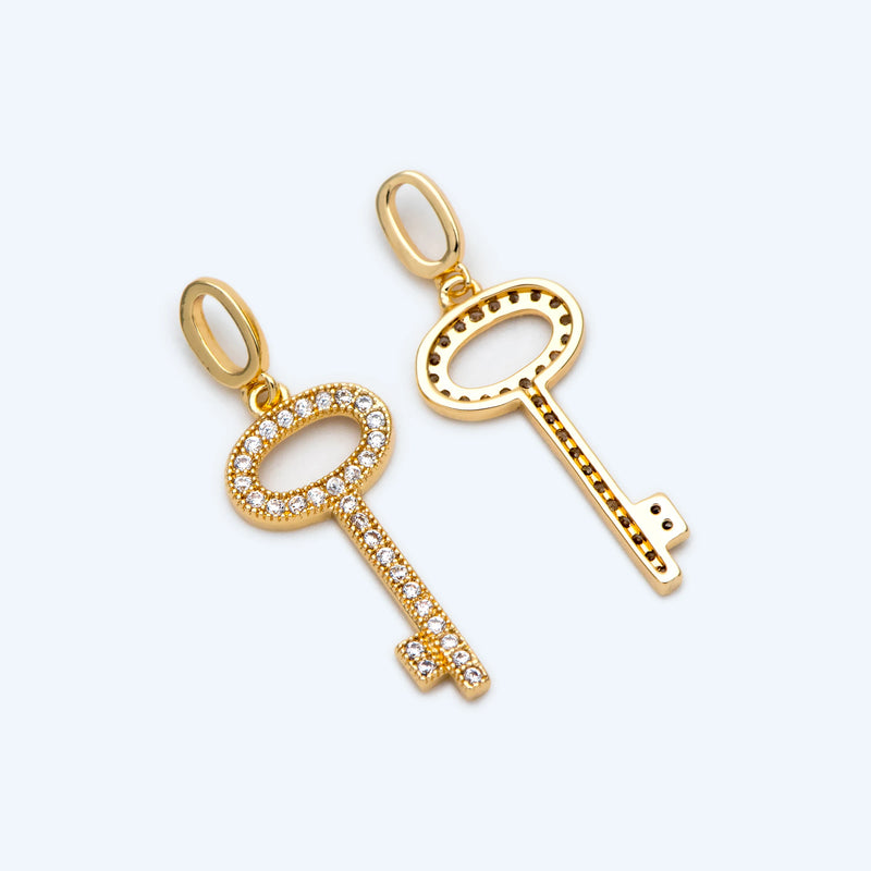 4pcs CZ Paved Key Charms 21x10mm, 18K Plated Brass Key Pendants