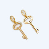 4pcs CZ Paved Key Charms 21x10mm, 18K Plated Brass Key Pendants