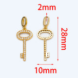 4pcs CZ Paved Key Charms 21x10mm, 18K Plated Brass Key Pendants