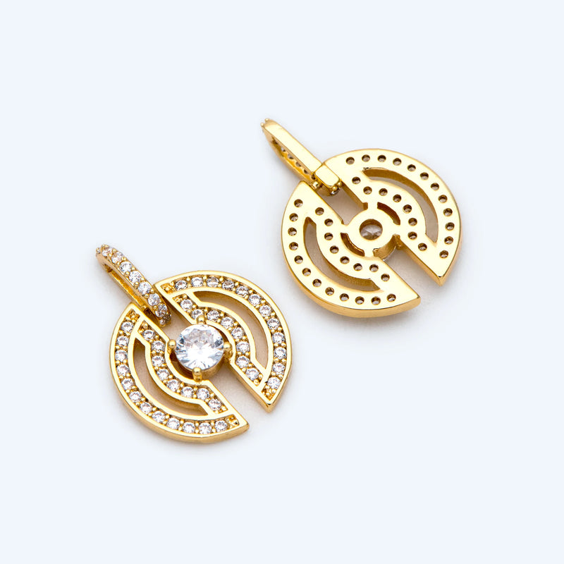 4pcs CZ Paved Round Charms 18x13mm, 18K Plated Brass, Round Disk Pendants