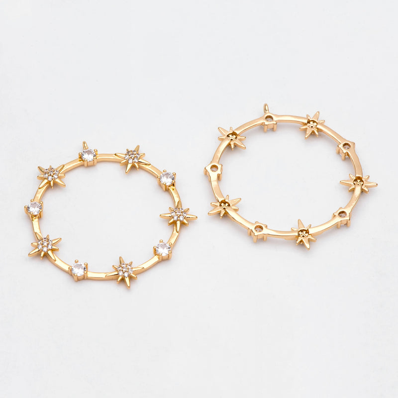 CZ Paved Star Ring Pendants, Gold/Silver, 18K Plated Brass, Rhinestone Charms