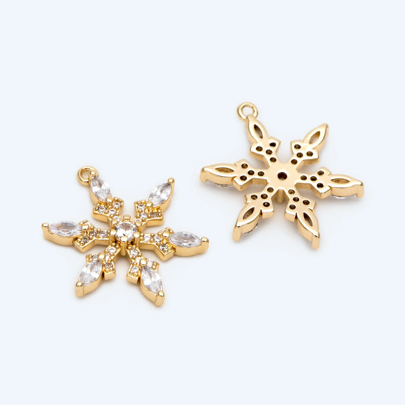 4pcs CZ Paved Snowflake Charms, Rhinestone Flower Pendants