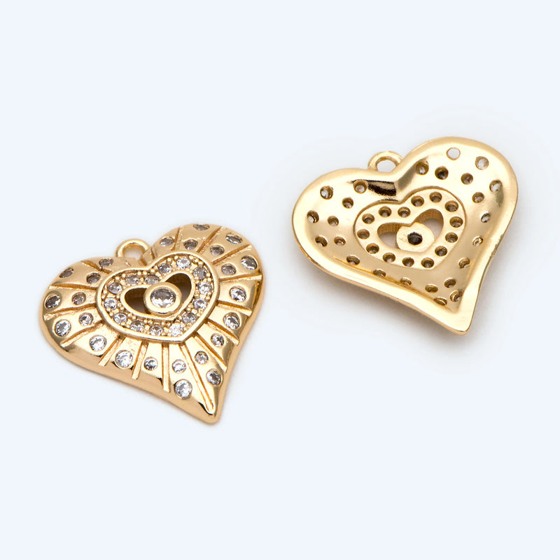 4pcs CZ Heart Pendants, 18K Plated, Charms (GB-2295)