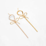CZ Paved BowKnot Tassel Earrings, Real Plated Brass Dangles