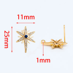 CZ Paved North Star Ear Posts with Loops, Real Plated Brass Star Stud Earrings