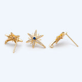 CZ Paved North Star Ear Posts with Loops, Real Plated Brass Star Stud Earrings