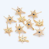 CZ Paved North Star Ear Posts with Loops, Real Plated Brass Star Stud Earrings