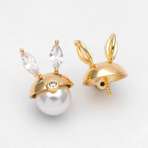 4pcs CZ Paved Rabbit Bead Caps, Real Plated Brass, Pearl Mounts, Pearl Findings