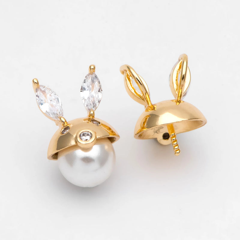 4pcs CZ Paved Rabbit Bead Caps, Real Plated Brass, Pearl Mounts, Pearl Findings