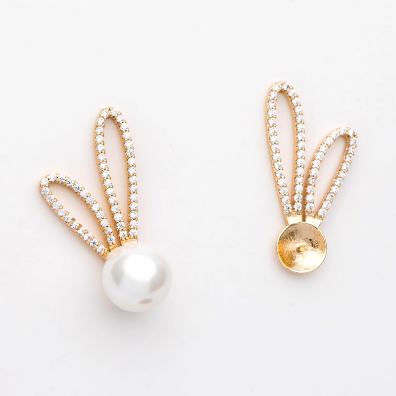 CZ Paved Rabbit Ear Posts, Bunny Stud Earrings, Pearl Earring Mounts