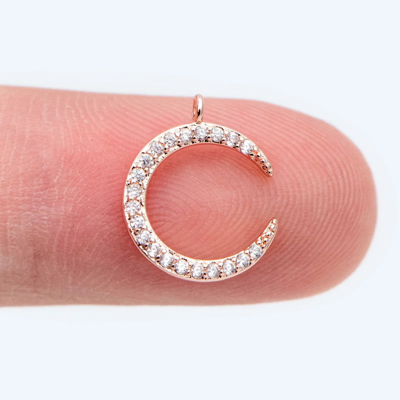 4pcs CZ Paved Rose Moon Charms 14x11mm, Half Moon Ring Pendants