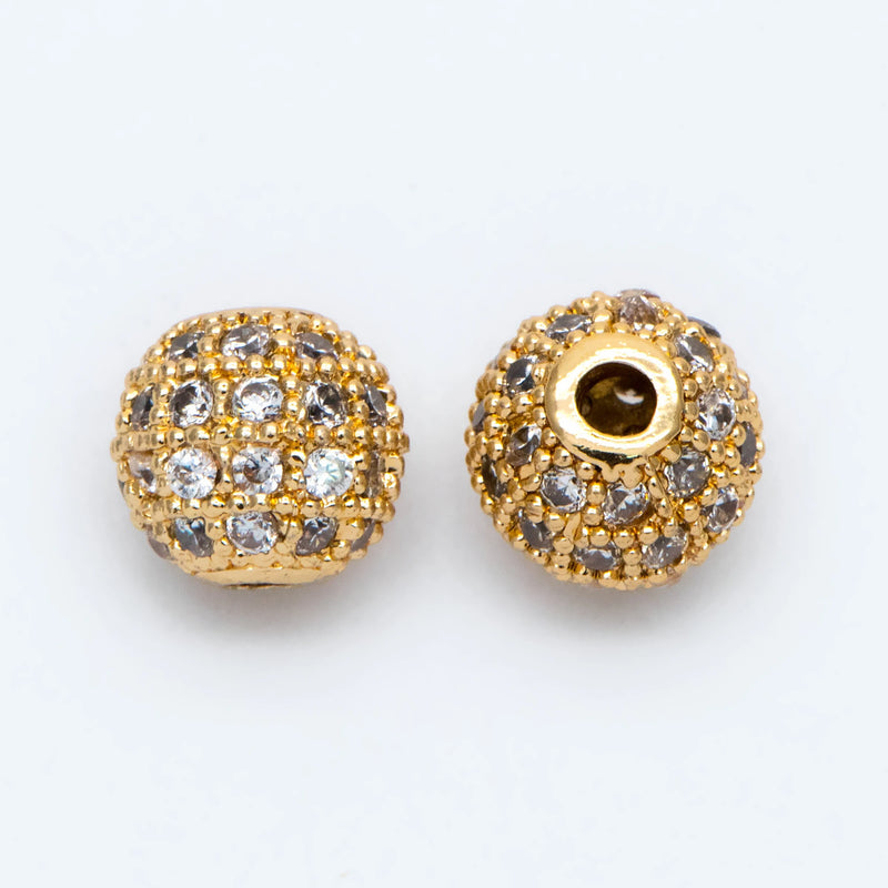 4pcs CZ Round Beads 8mm, Gold/Rhodium/Rose Plated Brass