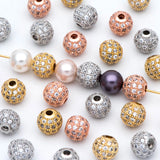 4pcs CZ Round Beads 8mm, Gold/Rhodium/Rose Plated Brass