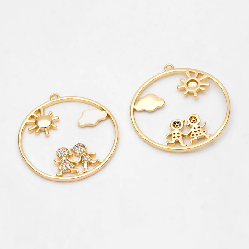 4pcs CZ Paved Boy/Girl Charms, 18K Plated, Sun Cloud Pendants (GB-3186)