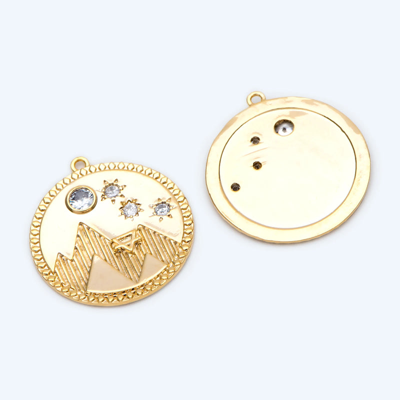 4pcs CZ Paved Round Charms 25x23mm 18K Plated Brass Disk