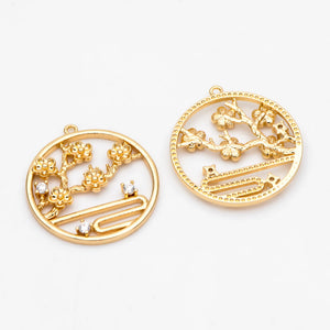 4pcs CZ Paved Round Flower Charms, 18K Plated Brass, Branch Pendants