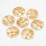 4pcs CZ Paved Round Flower Charms, 18K Plated Brass, Branch Pendants