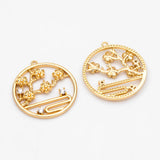 4pcs CZ Paved Round Flower Charms, 18K Plated Brass, Branch Pendants