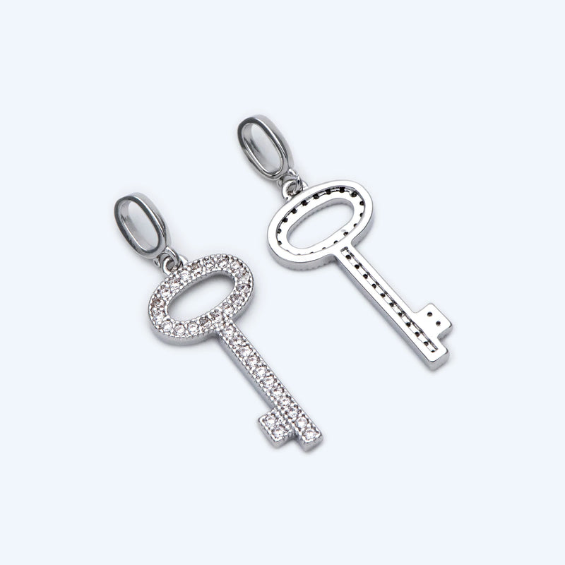 4pcs CZ Paved Silver Key Charms 21x10mm