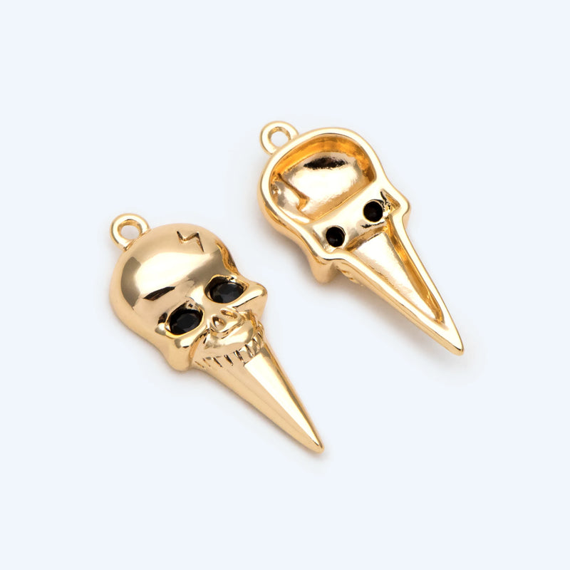 4pcs CZ Paved Skull Charm, Real Plated Brass