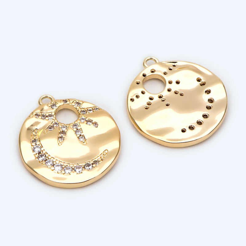 4pcs CZ Paved Sun and Moon Charms, 18K Plated Brass, Disk Pendants