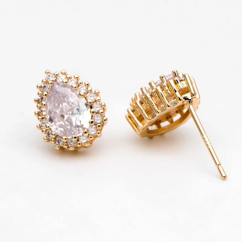 4pcs CZ Paved Teardrop Ear Posts, 18K Plated Brass, Water Drop Stud Earrings