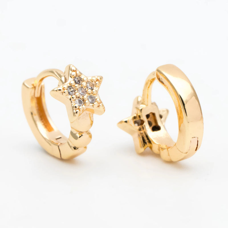 CZ Paved Tiny Star Hoop Earrings, 18K Plated Brass
