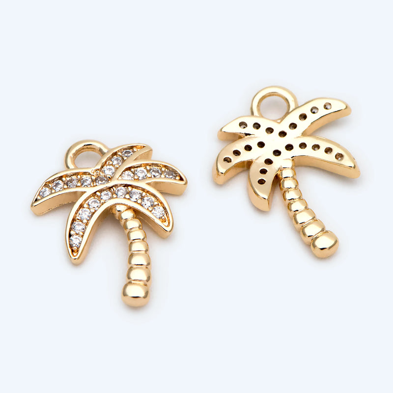 4pcs CZ Paved Tree Charms 16x12mm, 18K Plated Brass Coconut Palm Pendants