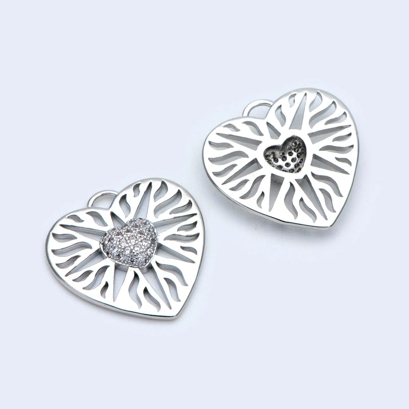 4pcs CZ Paved Heart Pendants 21.5mm, Rhodium Plated Brass, DIY Jewelry Making