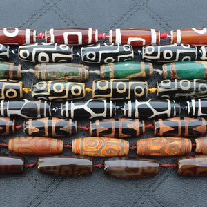 Mixed Dzi Agate Beads 4pcs Assorted Patterns 12-15X38-40mm