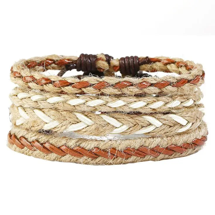 4pcs Ethnic Charm Bracelet Set Multilayer Braid Hemp Rope Wristband
