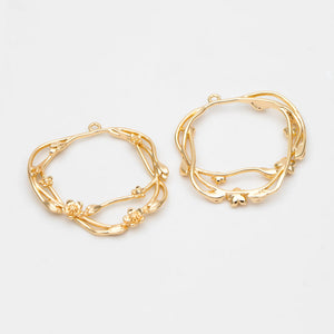 4pcs Flower Branch Circle Charms, 18K Plated Brass