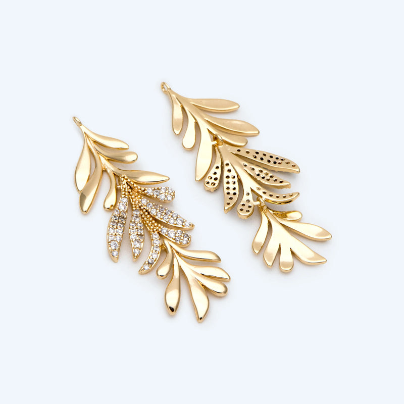 4pcs CZ Paved Leaf Charms 44x14mm Earring Necklace Pendant