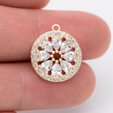 4pcs CZ Round Flower Charms 16.5x15mm Real Brass Clear Rhinestone Pendants