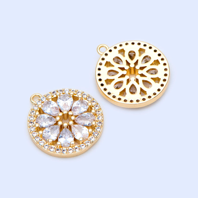 4pcs CZ Round Flower Charms 16.5x15mm Real Brass Clear Rhinestone Pendants