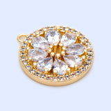 4pcs CZ Round Flower Charms 16.5x15mm Real Brass Clear Rhinestone Pendants