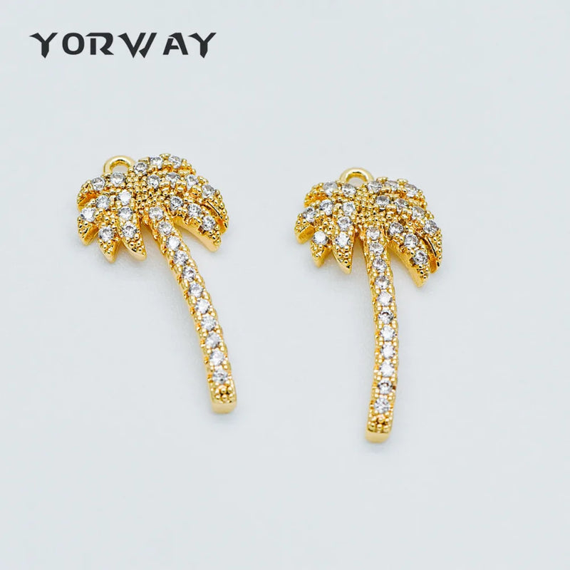 4pcs Palm Tree Charms 19mm, 18K Plated Brass, CZ Pave Beach Necklace Pendants
